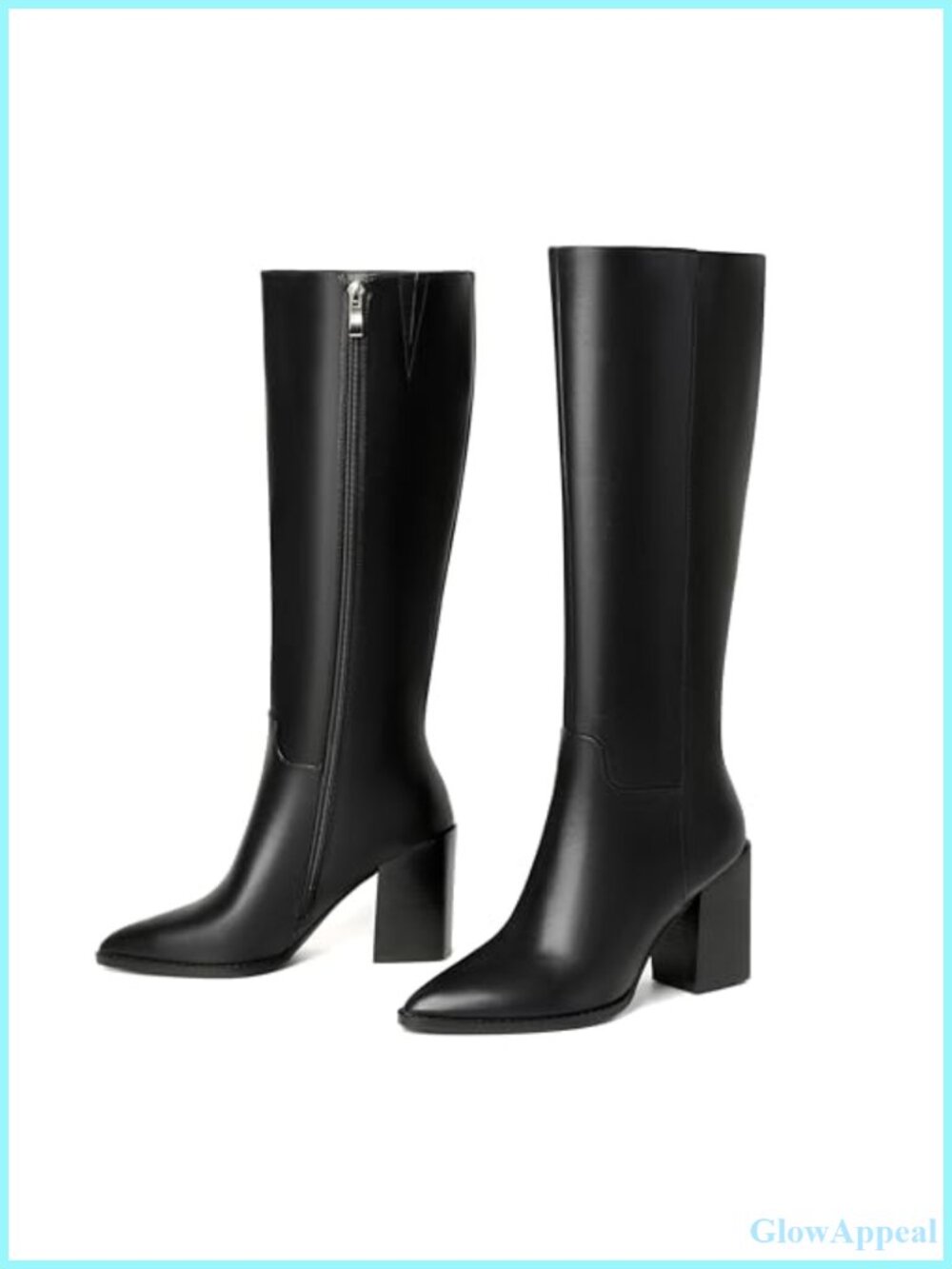 Knee-High Boots Faux Leather Pointed Toe Block Heel Side Zip Women's